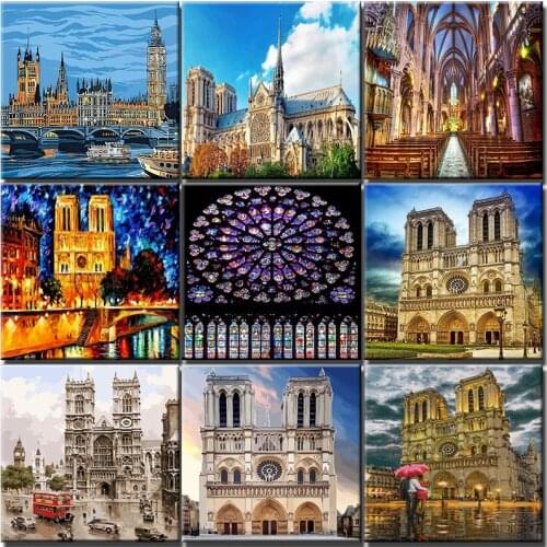 Cathedral Of Notre Dame Oil Painting By Number Landscape Canvas Wedding Decoration Art Picture Kit Coloring By Number Home Decor