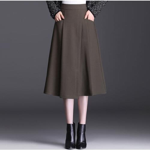 FairyShely 2021 Women Long New Woolen Pleated Skirt Autumn Winter High Waist Skirt Knee Black Office Lady Skirt
