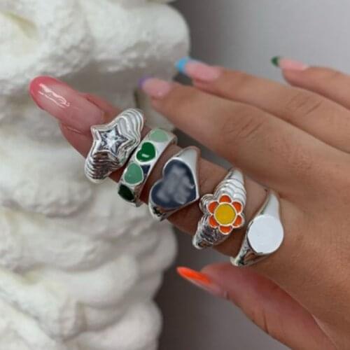 2021 New Y2K Silver Color Series Metal Rings for Women Enamel Fashion Colorful Dripping Oil Ring Jewelry