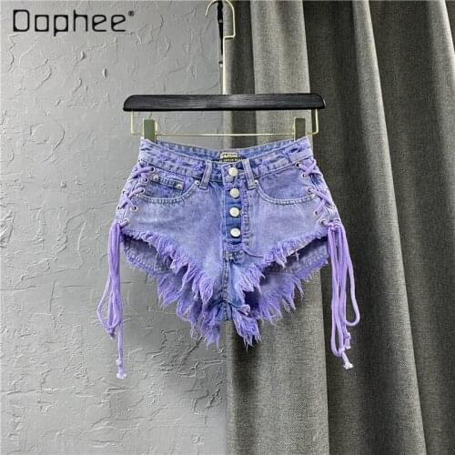 Summer 2021 New Purple Low Waist Single-Breasted A- line Denim Shorts Lace-up Hot Pants