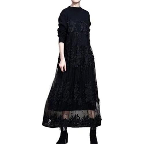 2021 New Arrivals Embroidery Patchwork Womens Long Dress Spring Autumn Mesh Lace Ladies Robe Vintage Loose Female Vestodo M7