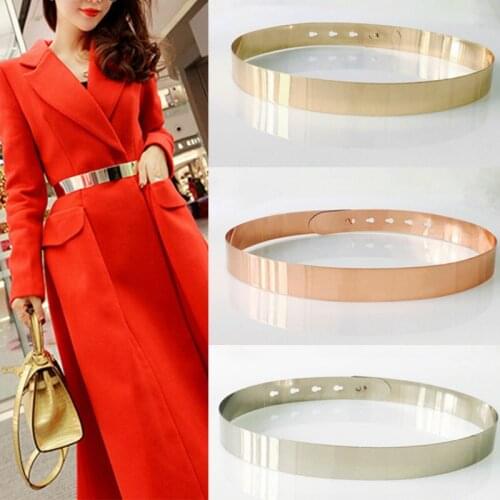 Fashion Women Adjustable Designer Metal Waist Belt Bling Gold Silver Color Plate Vintage Ladies Simple Belts Mirror Waistband