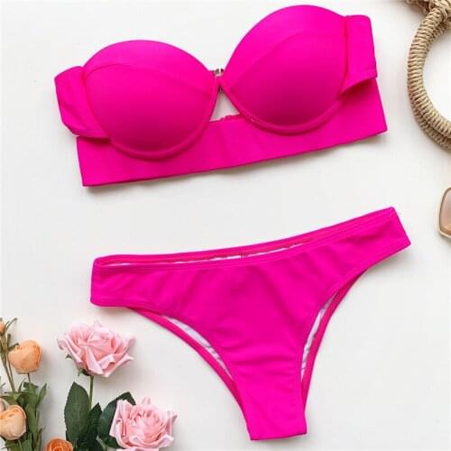 Rose Red Bikini Bandeau Swimwear Women Push Up Swimsuit Sexy Off Shoulder Bathing Suit Biquinis Brazilian Bikinis Set 2021 Mujer