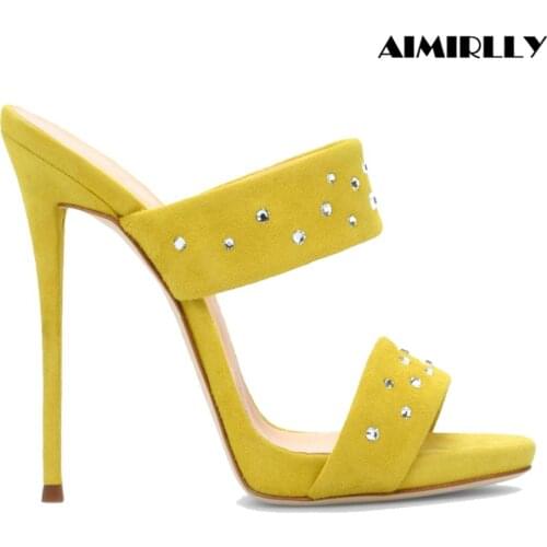 Spring Summer Womens Sandals Peep Toe High Heels Mules Crystal Studded Strap Ladies Casual Dress Shoes Slip On