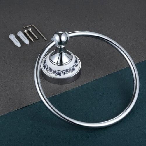 Silver Towel Ring Hook Holder Wall Mount Rack Blue&White Porcelain Ceramic Base Stainless Steel Old Chinese Decor 157mm Diameter