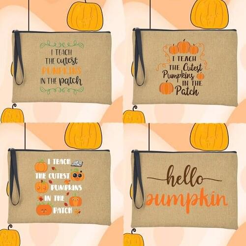 I Teach The Cutest Pumpkins In The Patch Women Clutches Bags Casual Fashion Linen Travel Lipstick Orange Handbag Halloween Gift