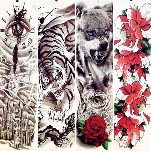King of Tiger Wolf Owl Rose Lotus Flower Temporary Tattoo Stickers 48x17CM Big Body Arm Women Men Arm Tatoo Sleeve Summer Style