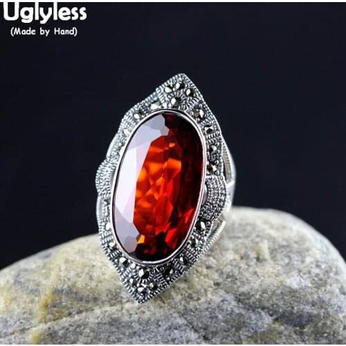 Uglyless Exaggerated Big Size Rhombus Rings for Women Faceted Garnet Red Gemstones Open Rings Real 925 Silver Fine Jewelry R991