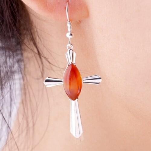 FYJS Unique 10 Pairs Silver Plated Marquise Many Colors Agates Dangle Earrings for Women Cross Shape Jewelry