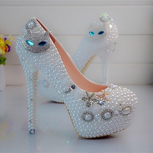 Gorgeous High Heels Prom Event Shoes Diamond Cat Rhinestone Wedding Shoes White Pearl Nightclub Party Dancing Plus Size 43 44 45