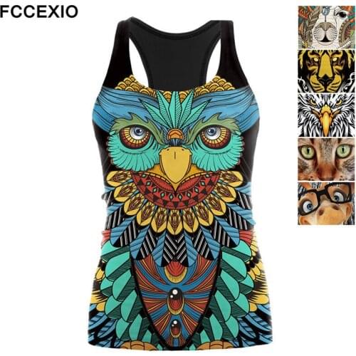 FCCEXIO Vintage Totem Print Tank Tops Women Slim Black Tee Animal Pattern Streetwear Tops Purim Clothes Female Elastic Vest