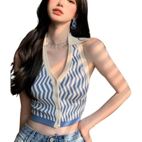 Women Knitted Plaid Crop Tops Female Button Up Straps Streetwear Blue Camisole Cute Crop Tops For Women 2021 Summer