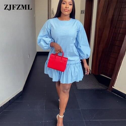 Womens Dresses Early Autumn Light Blue O-neck Long Lantern Sleeve Mini Dress Simple Female Ruffle Pleated A-line Club Vestido