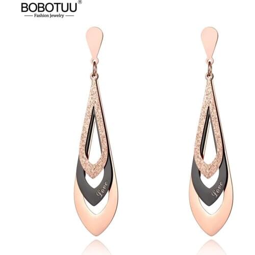 BOBOTUU Stainless Steel Water Drop Shape Dangle Earrings Jewelry For Women Rose Gold Geometry Anniversary Earrings BE19037