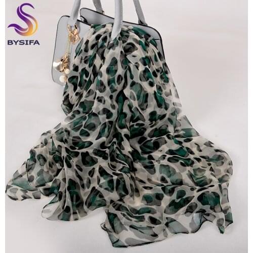 [BYSIFA] New Leopard Women Silk Scarf Winter Beige Green 100% Silk Long Scarves Ladies Brand Thin Satin Silk Neck Scarf
