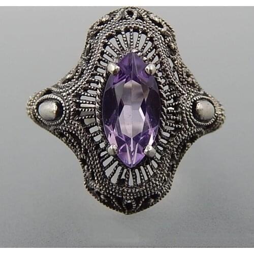 Vintage Punk Hollow Pattern Purple Zircon Stone Ring Female Ethnic Ancient Metal Retro Finger Rings Women Jewelry Z3M411