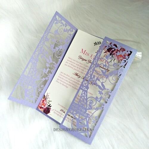 20+Color laser cut custom paris tower quinceanera invitation sweet 16 birthday invites with envelope