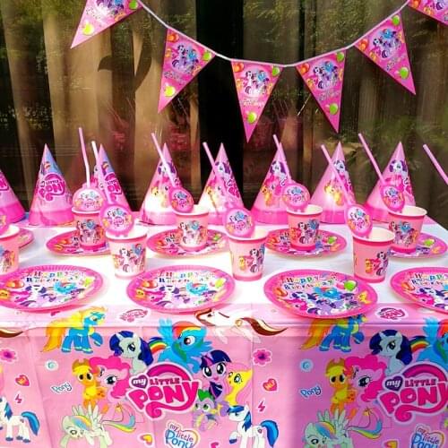83Pcs For 10 Kids Happy Birthday Party Supplies Cartoon Horse My little Pony Party Flag Plate Cup set Baby Shower Party Favors