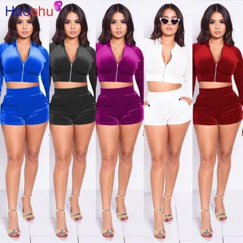 HAOOHU Velvet Suit Famale Autum Long Sleeve Cropped Jacket Short pants Casual Women Slim Sporty Set Velour 2ps Matchig Set
