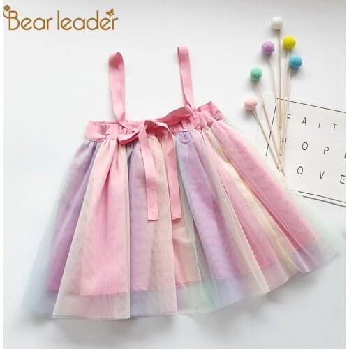 Bear Leader Girl Dress 2021 Sleeveless Summer Sling Dress Top Mesh Polka Dot Cute Colorful Candy Beach Dresses Children Clothing