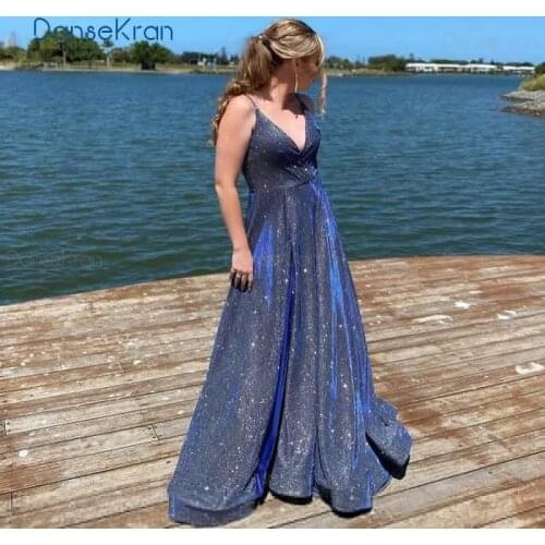 V-Neck Shiny Blue Evening Dresses 2021 Pleated Side Split Sparkly Prom Dresses For Party Lace Up Back A-Line Formal Dresses