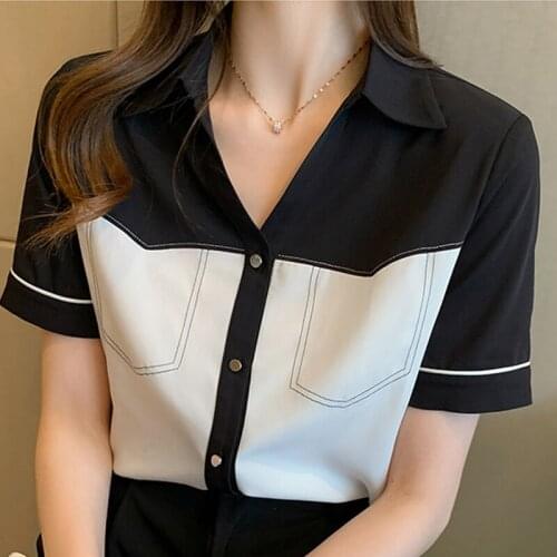 Blusas Blouses Femme Short Sleeve Blouse Women Blusas Mujer De Moda 2021 Verano Black White Chiffon Blouse Shirt Tops Women E776