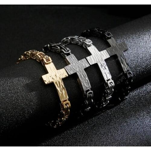 7mm Width Men Punk Prayer Jesus Cross Bracelet Titanium Steel Bracelets 316L Stainless Men Locomotive Bangle Chain Wristband