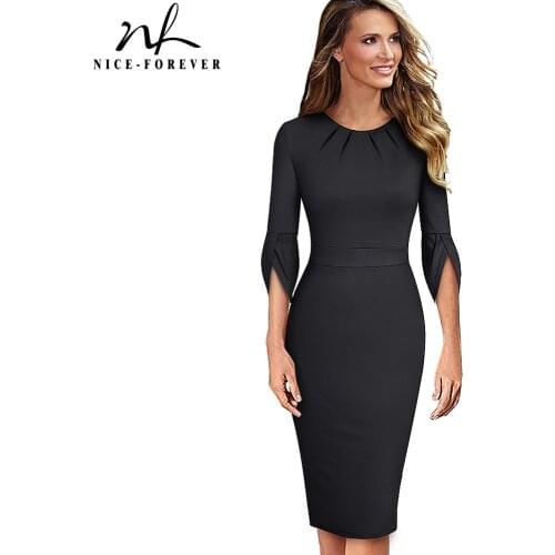 Nice-Forever Solid Color Elegant WorkDresses Business Party Bodycon Fitted Formal Women Dress B601