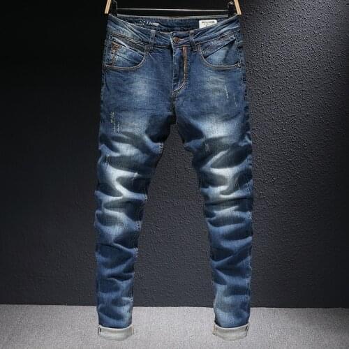 European Vintage Fashion Men Jeans Retro Dark Blue Elastic Slim Fit Ripped Jeans Men Korean Style Street Designer Denim Pants