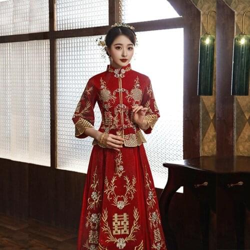 Chinese Style Oriental Bride Clothing Vintage Qipao Wedding Dress Red Embroidery Cheongsam Marriage Suit