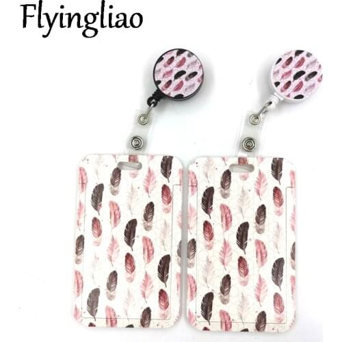 Leaves Feathers Cartoon Cute Credit Card Holder Lanyard Women Men Kid Student Retractable Badge Reel ID Name Bus Clips Card