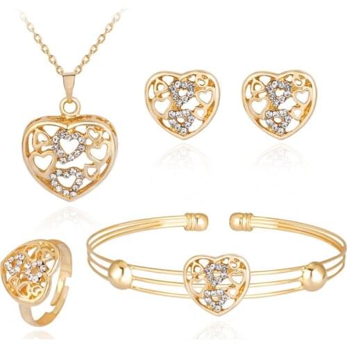 Fashion Dubai Gold Jewelry Sets for Women Crystal Heart Necklace Bangle Ring Earrings Bridal Jewelry Sets Wedding Accessories