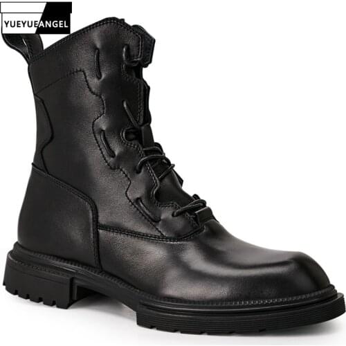 Winter Men England Style Work Boots Casual Platform Biker High Top Boots Zipper Motorcycle Genuine Leather Boots Male 38-44