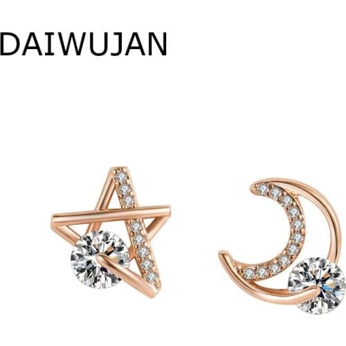 New Asymmetric Hollow Star Moon Stud Earrings For Women Girls Zircon 925 Sterling Silver Earrings Party Wedding Accessories