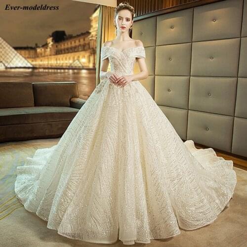 Luxury Off Shoulder Shiny Lace Princess Wedding Dresses Ball Gown Corset Back Court Train Dress For Bride Robe De Mariee 2020