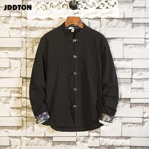 JDDTON Autumn Mens Long Sleeve Shirt Casual Fashion Traditional Loose Mandarin Collar Retro Male Streetwear Chinese Style JE631