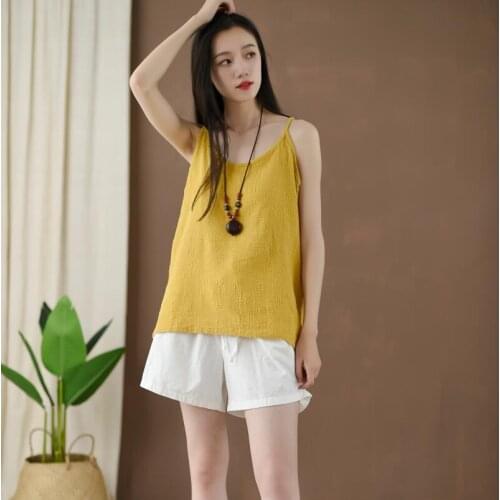Women Summer Cotton Linen Camis Tops Ladies Solid Color Simple Short Tops Female Vintage 2019 Thin Camis Spaghetti Strap Tops