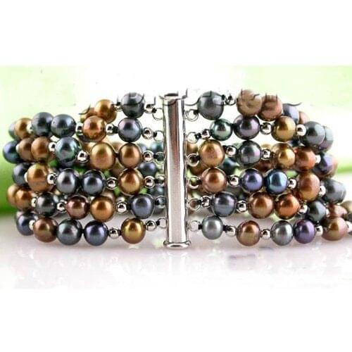 Unique Pearls jewellery Store 6row 8'' Round Coffee Black Freshwater Pearl Bracelet Magnet Clasp Charming Women Gift Jewelry