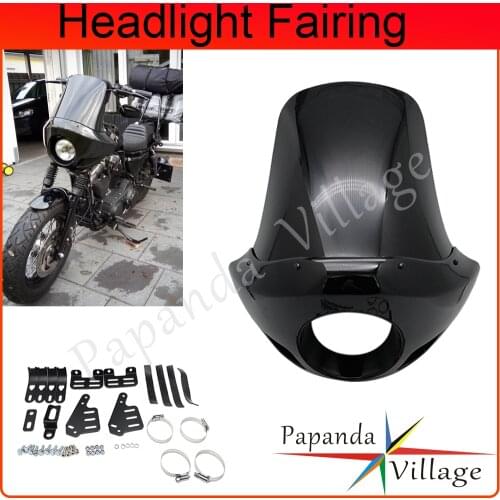 Tall Screen Cafe Racer Headlight Fairing Front Light Cover Cowl w/Mount Bracket for Harley Chopper Bobber Dyna Street Bob XL FXR