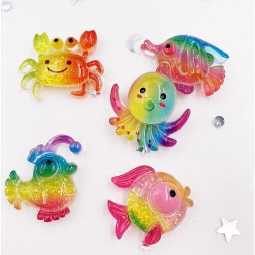 Glitter Colorful Resin Big Fish Seahorse Squid Ocean Animal Flatback Cabochon Scrapbook Charm Ornament DIY Craft Supplies SH29