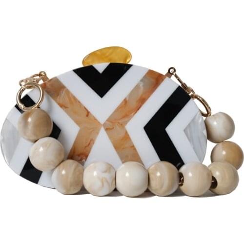 Fashion New Women Messenger Bag Wedding Handbag European Elegant Black White Striped Evening BagsAcrylic Cute Bead Casual Clutch