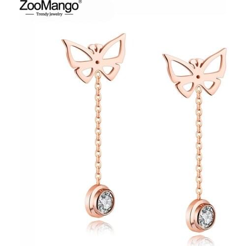 ZooMango Single CZ Cubic Zirconia Butterfly Tassel Stud Earrings Jewelry Trendy Stainless Steel Earring For Women Girls ZOGE377