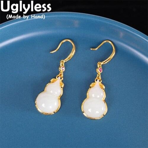 Uglyless FU LU China Chic Gourd Earrings for Women Natural Gemstones Hotan Jade Gourd Jewelry 925 Sterling Silver Brincos Bijoux