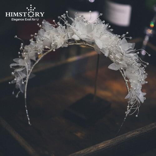 Himstory Wedding Hair Accessories White Flower Floral Headband Handmade Beaded Hairbands For Women Bridal