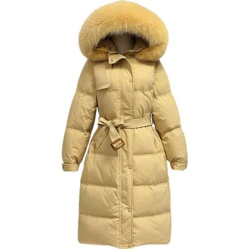 Womens Down Jacket Mid-Length Fur Collar Hood Has Belt With Zipper Loose Solid Color Ladies Warm Coat Slim Fashion Casual Style