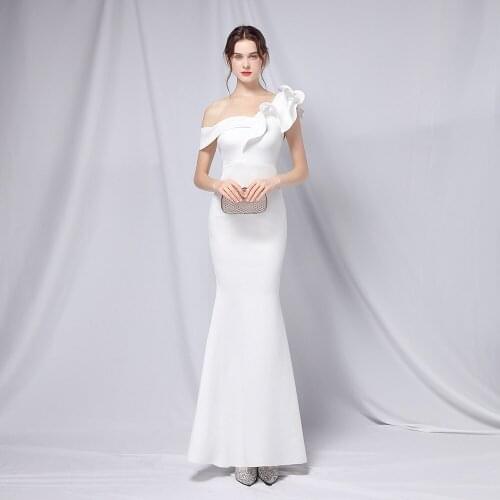 Women White Ruffles One Shoulder Floor Length Mermaid Sexy Fashion Elegant Wedding Party Dress 2021 Eveining Formal Club Dresses