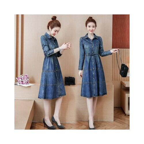 New Spring Autumn Women Dresses Plus Size Turn-Down Collar Solid Collect Waist Long Sleeve Jeans Dress For Women Denim One-Piece