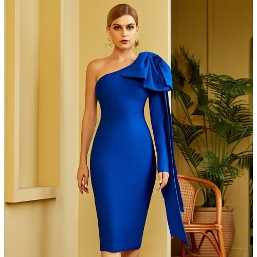 Sexy One Shoulder Bodycon Dress Women Sexy Bow Long Sleeve Night Club Midi Bandage Dress Celebrity Evening Runway Party Dresses