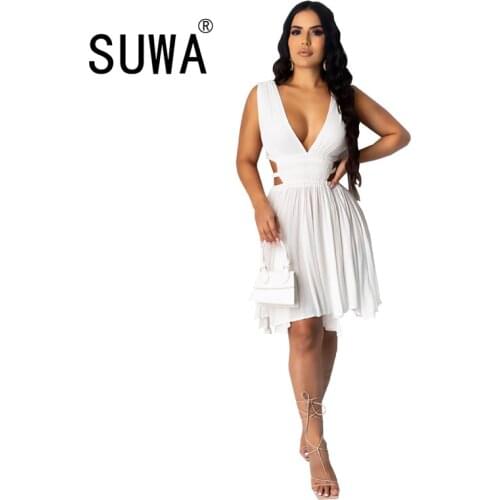 Women celebrity fashion 2020 new arrival deep v neck sleeveless high waist drawstring sexy a-line dress evening party sundress