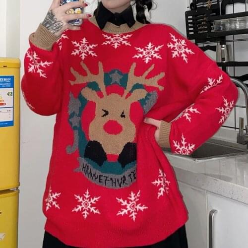 Winter Jacquard WomenS Core-Spun Yarn Rabbit Velvet Sweater 2021 Christmas Kawaii Print Loose Knit Pullover WomenS Streetwear